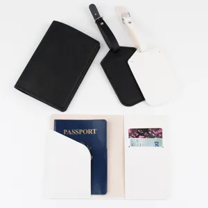 Cross-grain leather passport holder and luggage tag set, durable travel accessories.