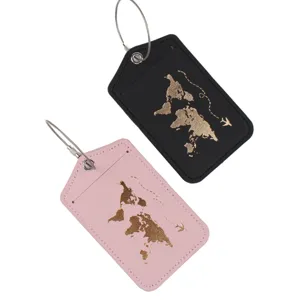Leder Kofferanhänger mit Stahlseil, stilvolles goldenes Weltkarten-Design für Reisen.