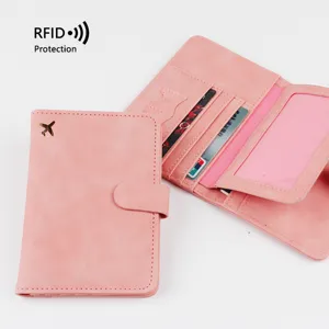 RFID Blocking PU Leather Passport Holder Travel Wallet For Women Plane Pattern Card Case Ticket Document Organizer Pink Passport Cover