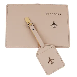 PU leather passport cover and luggage tag set with airplane pattern, travel accessories.