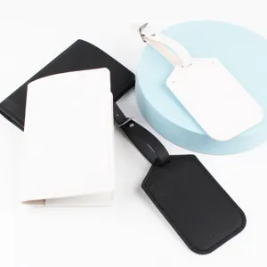 Saffiano leather passport holder and luggage tag set travel document organizer black white