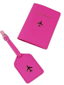 Pink passport cover and luggage tag set, PU leather travel wallet with gold airplane design.