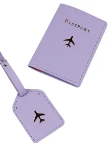 Purple passport holder and luggage tag set with gold foil airplane travel accessories main view