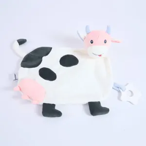 Cute cow baby security blanket plush toy with teether soft comforting doll for newborn baby
