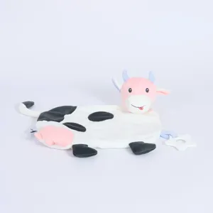 Baby cow plush security blanket and comforting toy with soft fabric and star teether.