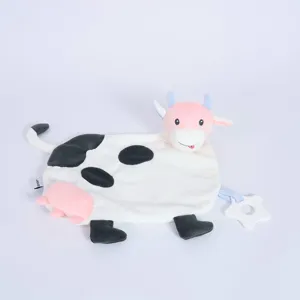 Plush cow baby security blanket with star teether, soft material for soothing newborns safely.
