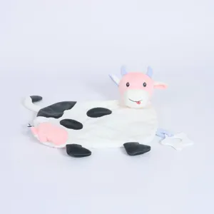Cute cow baby security blanket plush toy with teething ring soft soothing doll for infants.
