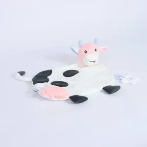Cute cow baby security blanket plush toy with teether for soothing infants sleep comfort.