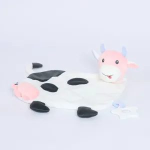 Cute cow baby security blanket plush toy featuring soft texture and attached teething ring.
