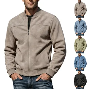 Heren suède bomberjack casual retro ritssluiting jas detail weergave kraag en rits.