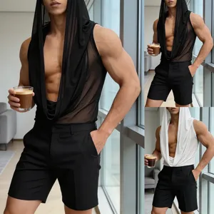 Top smanicato con cappuccio in rete trasparente scollo a V profondo stile club da uomo