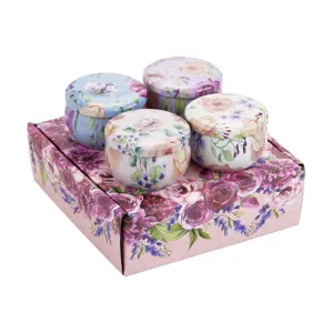 Set of 4 scented candle tin cans with romantic floral pattern gift box for wedding gifts.
