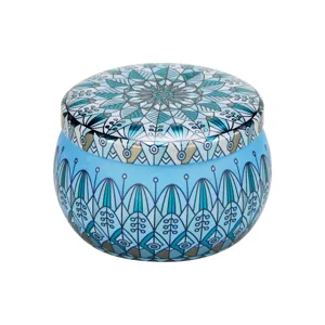 Boîte en fer-blanc ronde imprimée motif mandala bleu, idéale pour bougies parfumées et thé.