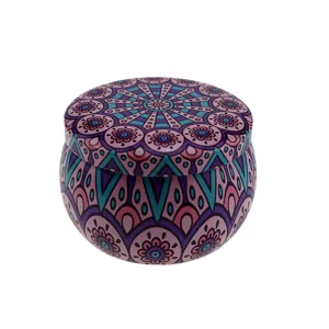 Round metal tin can with purple mandala pattern, ideal for scented candles and tea storage.