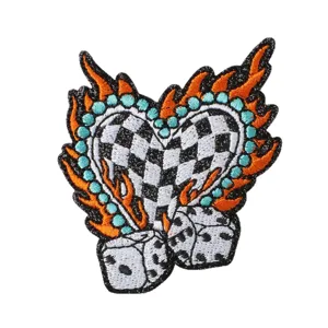 Cool embroidered heart checkerboard flame dice patch for DIY denim clothing hat badge