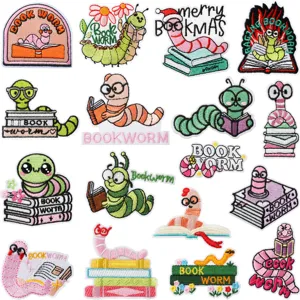 Bookworm Cartoon Embroidery Iron On Patches Cute Reading Animal Cloth Applique DIY Clothing Repair Accessories