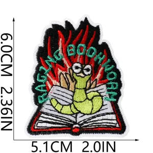 Embroidered bookworm patch iron-on clothing accessory for book lovers and jacket repairs