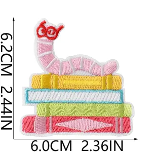 Cute bookworm embroidered iron-on patch for clothing repair and book lover stylish backpack decor.