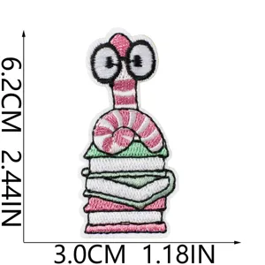 Detailed view of cute bookworm embroidered patch showing dimensions, ideal for DIY apparel decor.