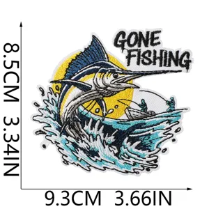 Vintage Angelbestickter Aufnäher mit Marlin und Boot, perfekt für Jeansjacken und Rucksäcke.