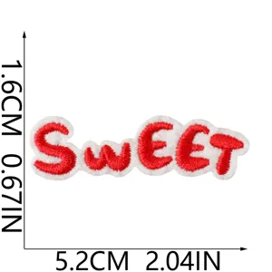 Detailed close-up of a red embroidered SWEET letter patch with clear dimension measurements.