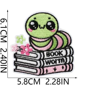 Cute bookworm embroidered iron-on patch for clothing decoration, durable and stylish apparel accessory.