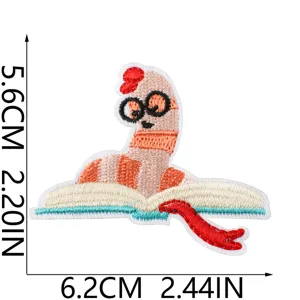 Cute bookworm embroidered iron-on patch for clothing DIY repair and stylish accessories decor.