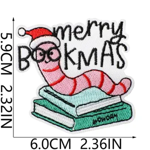 Christmas Bookworm Embroidered Iron-On Patch Cute Reading Lover DIY Clothing Repair Accessory