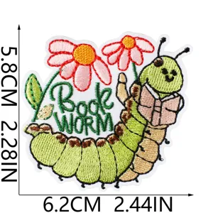 Cute bookworm embroidered patch iron on clothing repair badge apparel accessory 5.8x6.2cm