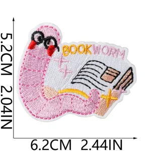 Cute bookworm embroidered patch iron on badge for clothing DIY repair decoration