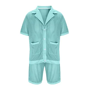 Men's summer mesh sheer short sleeve button down shirt and shorts pajama set detail.