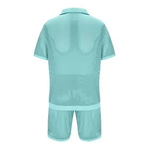 Men mesh two piece set summer lapel short sleeve knit cardigan and shorts light blue