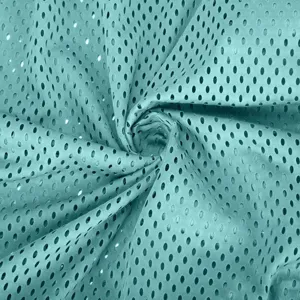 Detailed close-up of teal breathable mesh knit fabric, perfect for summer lightweight apparel.