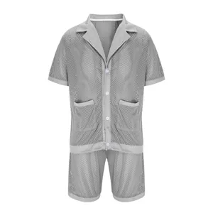 Grey mesh two-piece set men short sleeve lapel cardigan and matching shorts detail view.