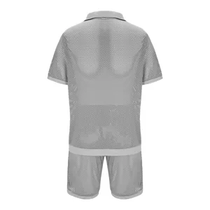 Detailed back view of the stylish grey mesh knit short-sleeve polo shirt and shorts set.