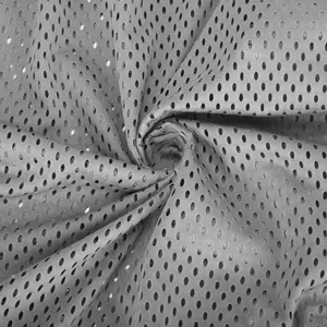 Grey mesh knit fabric detail showing breathable holes for men's summer apparel clothing.