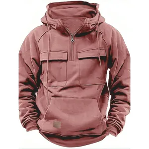 Herren taktischer Kapuzenpullover mit halbem Reißverschluss, vielen Taschen und Kordelzug für Alltag.