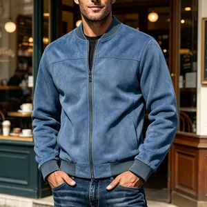 Heren blauwe suède bomberjack casual jack met rits in retro stijl dagelijks.