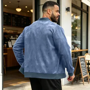 Heren blauwe suèdine bomberjack casual ritssluiting buitenkleding retro stijl jas.