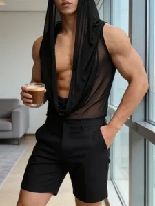 Canotta Casual da Uomo con Collo a V Profondo Drappeggiato in Rete Leggera Trasparente Senza Maniche Top da Club