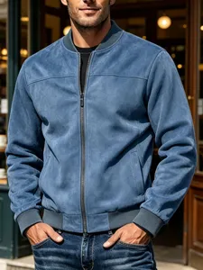 Heren blauw suède bomberjack, casual jas met ritssluiting voor dagelijks gebruik.