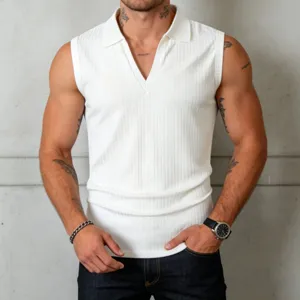 Men's white ribbed knit polo tank top, casual sleeveless slim fit solid color summer top detail view.