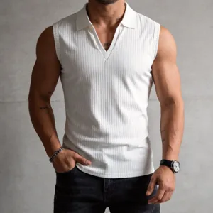 Detail shot of mens white ribbed knit sleeveless polo shirt, slim fit casual summer top.