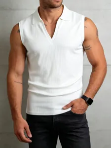 Men's white ribbed knit polo tank top, slim fit sleeveless casual solid color vest.