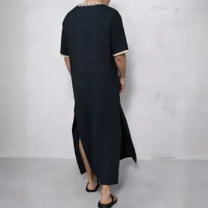 Men's Long Kaftan Robe Casual Loose Short Sleeve Printed Traditional Thobe Apparel