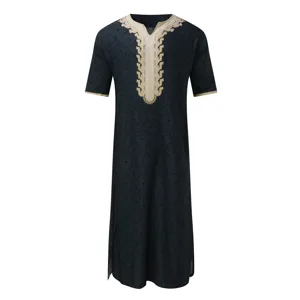 Men traditional long thobe casual loose V-neck short sleeve digital print robe clothing detail
