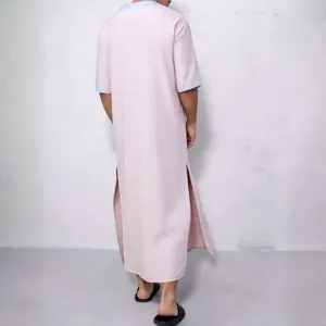 Detail view of men striped long thobe back design with side slits and light blue collar accents