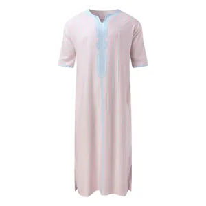 Detail view of mens summer stripe long thobe v-neck short sleeve casual robe apparel