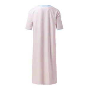 Men's pink striped V-neck half sleeve long robe casual loose summer sleepwear home dress