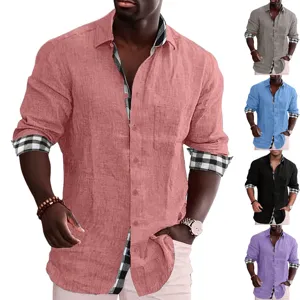 Camicia Casual da Uomo a Maniche Lunghe a Quadri Patchwork Colletto Avvolgente Monopetto Business Casual Vestibilità Regular Top alla Moda